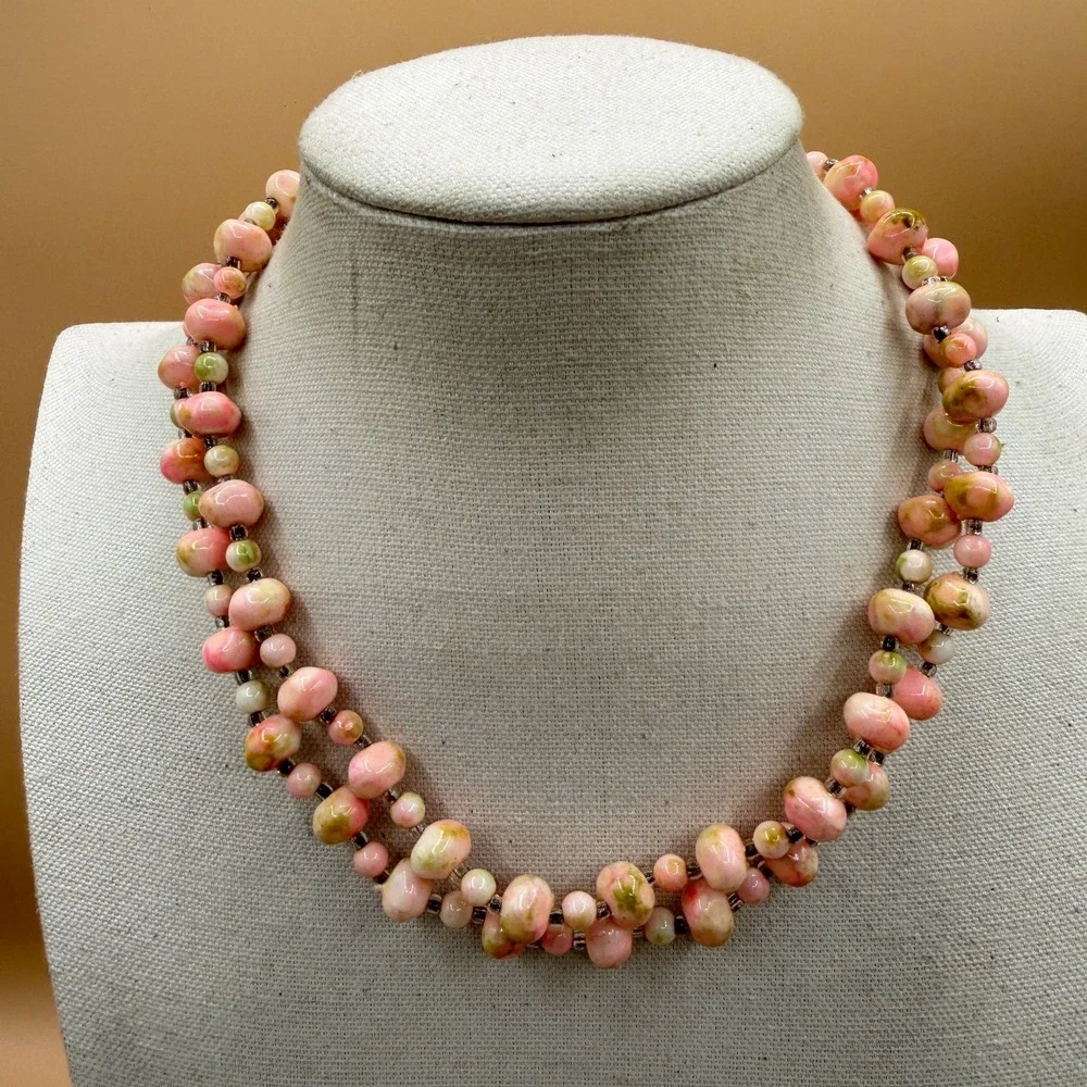 Pink Green Ceramic Bead Double Strand Necklace Cottagecore Boho Statement Gift